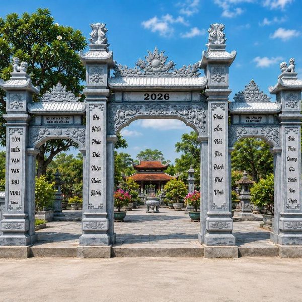 Cổng đá tam quan đá xanh đen nguyên khối cho cổng chùa, giá 190000000 VNĐ