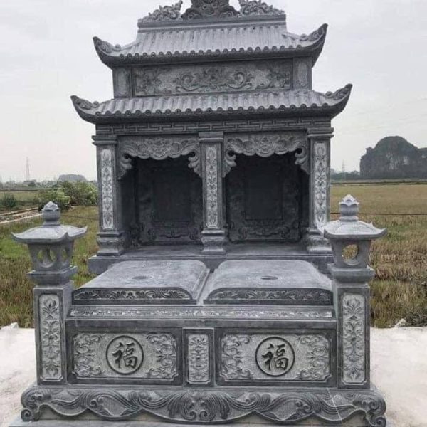 Mộ đôi đá xanh đen hai mái 216×175×320 cm, phù hợp lăng mộ đá