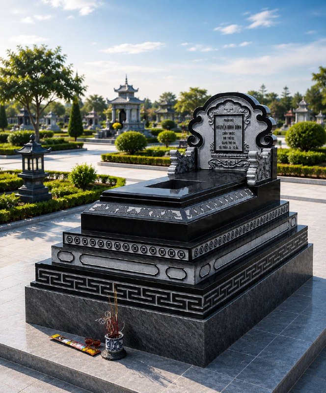 Mộ đá tam cấp bằng granite Campuchia, hoa văn triện cổ, lá dây, đồng tiền cổ, mài bóng - ảnh 1